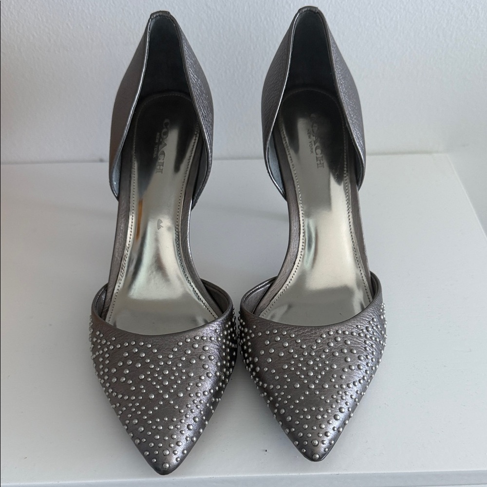 Coach Pewter Studded Pointed-Toe D'Orsay Pumps